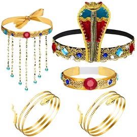 5Pcs Egyptian Costume Accessories Set for Girls, Egyptian Cobra Headdress with Snake Beaded & Colorful Crystal Jewelry, Theme Party, Cosplay Role Play, Egyptian Theme Event