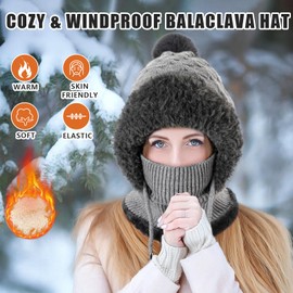 AYPOW Winter Hat Scarf Set for Women Knit Balaclava Ski Mask with Face Mask, Warm Fleece Lined Beanie Hat with Pom Pom Bouble Adjustable Drawstring Windproof Hooded Hat for Outdoor Sports Women Gift