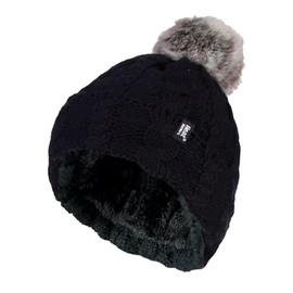 HEAT HOLDERS - Ladies Warm Knit Fleece Lined Cuffed Thermal Winter Bobble Hat with Pom Pom (One Size, Black)