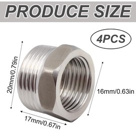 AAED Reducer 1/2 to 3/8, Sleeve Nipple Stainless Steel, Threaded Fitting, Reducer Extension, Universal, Pack of 4, Robust and Durable, for Water, Gas, Chrome