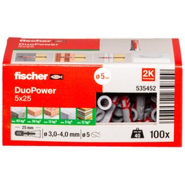Fischer DUOPOWER 5 x 25, universal dowels, powerful 2-component dowels, plastic dowels for attaching to concrete, bricks, stone, plasterboard and much more, without screws, pack of 100