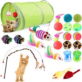 GeeRic Juguete para Gatos, 23PCS Juego de Juguetes interactivos para Gatos, Juguetes de Plumas de Gato, Pelota, Sonajero, Ratón de Juguete, Túnel de G