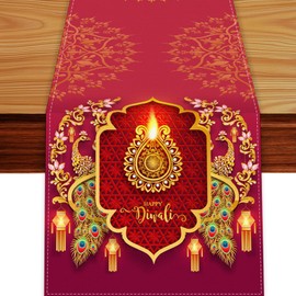 Diwali Table Runner,Indian Festival of Light Tablecloth Holiday Red Table Cover Diwali Decorations and Supplies for Home Kitchen Dining Room Party Decor (13 X 72 Inch)