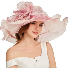 Women Party Church Derby Top Hats Organza Sun Visor Cap Ladies Flowers Fascinators Big Wide Brim Fedoras, Pink 5, Medium
