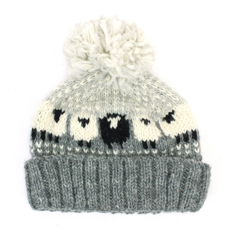 LOUDelephant Wool Knitted Bobble Hat with Sheep Design, gray, Einheitsgröße