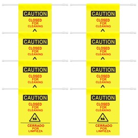 8 Pack Restroom Closed for Cleaning Sign with English and Spanish Text Yellow Commercial Door Barricade Sign with Telescopic Pole Hanging Doorway Safety Banner for Janitors Restroom Bathroom