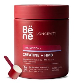 Creatina + HMB Suplemento Alimenticio 300g - Creatina Monohidratada 5g, HMB-Calcio 3g con Vitaminas - Polvo Sabor Limón Línea Longevity TIME MOTION - 30 Porciones
