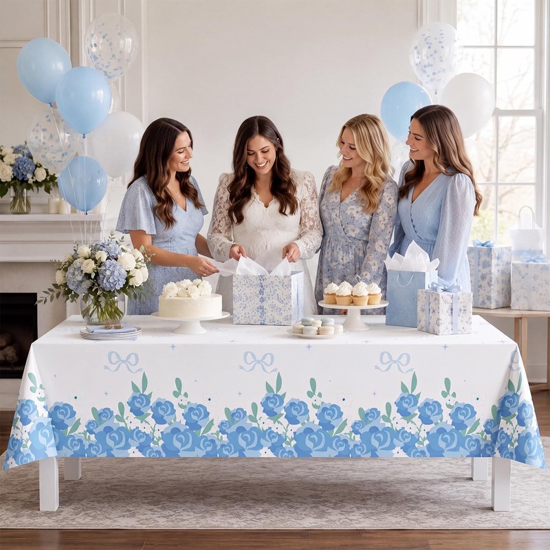3 Pack Blue Floral Disposable Plastic Tablecloths, 54 x 108