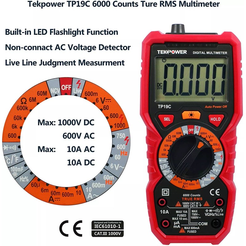 DC Tekpower TP19C True RMS AC/DC 10A Digital Multimeter with