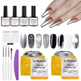 U-Shinein 31Pcs Metallic Nail Gel Polish Set, Mirror & Glitter Silver Metal Painting Gel Set with Base Top Coat White Black Nail Gel Brush Nail File, Super Glossy Sparkle Drawing Gel for DIY Manicure