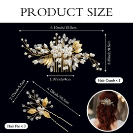 4 Pcs Crystal Wedding Hair Accessories GoldLeaf Shapes Hair Comb with Rhinestone Elegant Hair Pins and Pearls for Bride Bridesmaids Flower Girls Bridal Women Gold