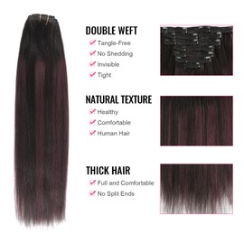 ABH AMAZINGBEAUTY HAIR Yaki Straight Clip in Hair Extensions Real Human Hair Rooted Black Piano Natural Black #1B Mixed With Cherry Wine #99J Two Tone Kinky Clip ins Human Extensions 18 Inch 120G 7Pcs