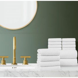 Brooklyn Loom Everyday Ribbed White 14 Piece Towel Set, Solid Textured, for Men and Women, Oeko-TEX Certified Confidence