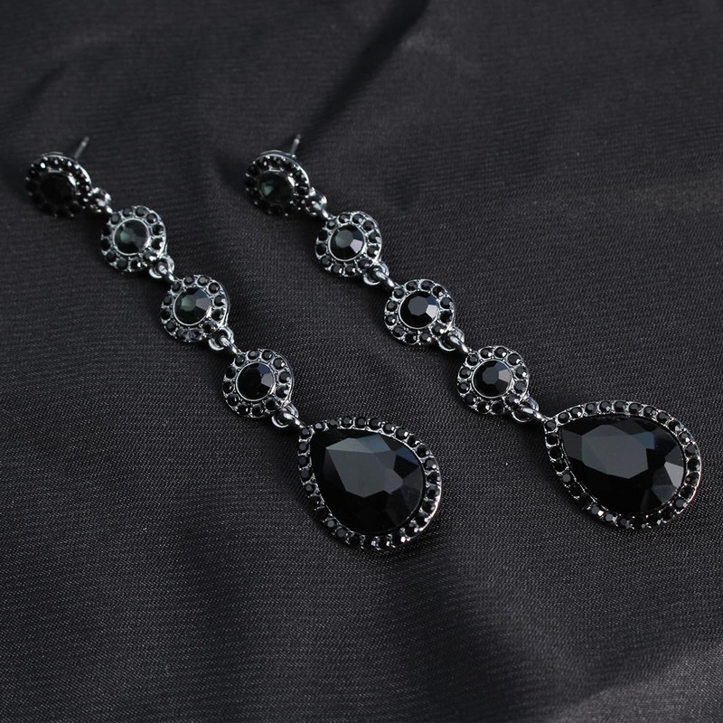 Vintage Black Rhinestone Statement Long Dangle Earrings,Wedding Bridal Elegant Crystal