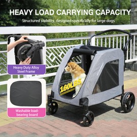 EchoSmile XL Extra Large Dog Stroller - Adjustable Handles,Lightweight Folding Pet Stroller,All-Terrain 4 Wheel for 2 Medium Dogs,Dual Entry Safety Dog Stroller,Capacity 160 lbs,Gray