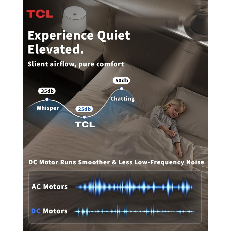 TCL 52" Low Profile Ceiling Fan with Light, Slim, Black,