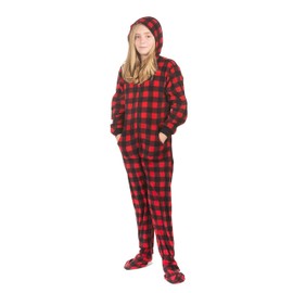 Hoodie Footed Onesie Buffalo Plaid Fleece Footed Pajamas for Boys & Girls (S-7/8) Red, Black
