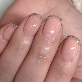 MERVF Short Press on Nails French Fake Nails Glossy Glue on Nails with Glitter Designs Square False Nails Full Cover Acrylic Nails Bling 24Pcs