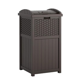 Suncast 33 Gallon Commercial Outdoor Trashcan Hideaway with Lid for 30 to 33 Gallon Trash Bags for Garage, Backyard, or Garden, Brown