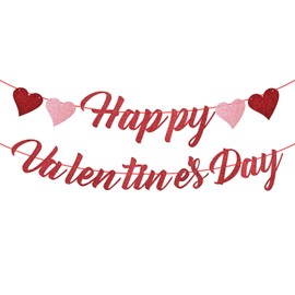 Glitter Happy Valentine's Day Banner with Hearts - Festive Valentine's Decor for Home, Party, Classroom - Red & Pink Romantic Sign for Valentine’s Holiday Decoration
