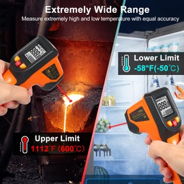 Infrared Thermometer Non-Contact Digital Temperature Gun -50°C~600°C (-58°F~1112°F) with Emissivity Function IR Thermometer for Industrial, Kitchen Cooking, Automotive, Not for Human Body Temp