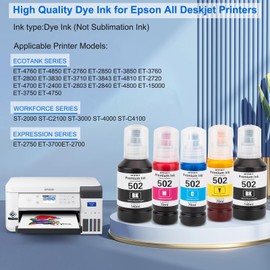 Compatible Epson T502 502 Ink Refill Bottles for Ecotank ET-3760 ET2760 ET2750 ET-4760 ET-2850 ET-15000 ST-4000 ST-2000 ET-3710 ET-3850 ET-3750 ET-4850 ET4750 ET2700 ST3000 ET3700 Printer(2BK C M Y)