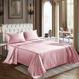 CozyLux Satin Sheets Queen Size - 4 Piece Pink Bed Sheet Set with Silky Microfiber, 1 Deep Pocket Fitted Sheet, 1 Flat Sheet, and 2 Pillowcases - Smooth and Soft