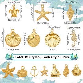 SUNNYCLUE 1 Box 72Pcs 12 Styles Gold Beach Charms Summer Ocean Animal Charms Bulk Alloy Sea Turtle Starfish Seashell Seahorse Sailboat Sea Theme Golden Charm for Jewelry Making Charms Crafts Bracelet