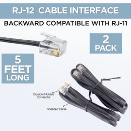 Volcora [2 Pack 5 Feet RJ11 / RJ12 Data Cable - Heavy Duty 6-Pins High-Speed Extension for Cash Register Drawer, Telephone, Modem, Fax, Printers, and More - Drawer Cable for Voice and Data