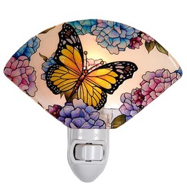 VOUWOWOX Stained Glass Style Night Light Butterfly Flowers Hydrangea Bedroom Hallway Aisle Bathroom Decorative Nature Theme NLA-F002