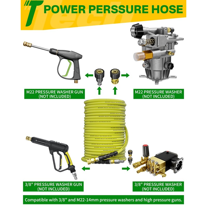 TechSweepPro Pressure Washer Hose 50FT 3/8" for Cold and Hot