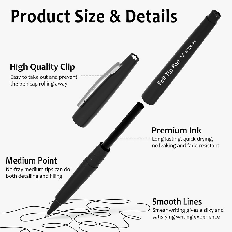 Lelix Felt Tip Pens, 40 Black Pack, 0.7mm Medium Point,