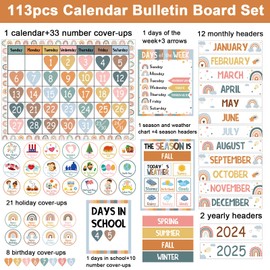 Qyeahkj Boho Rainbow Classroom Calendar Set Bulletin Board Sets for Teachers Boho Classroom Calendar Decorations with Seasons Festival Weather Days of the Week for PreSchool Home Office Wall