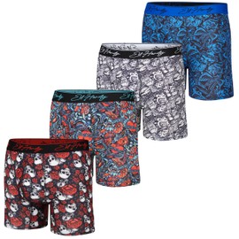 ED HARDY Men's Boxer Briefs 4 Pack, Soft Fabric, Pull-On Closure, Machine Washable Comfortable Stretch Boxers with Skulls,Roses,Monster & Bullet Design - XLarge