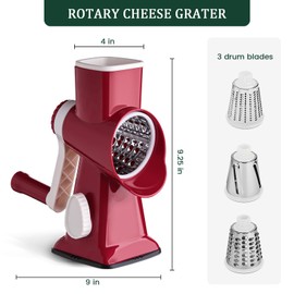 HANSGO Rotary Cheese Grater, Hand Crank Cheese Shredder, 3 Metal Blades & Cleaning Brush, Non-slip Suction Base, Labor-Saving Handle, Kitchen Gadgets for Vegetable, Nuts, Christmas Gifts for Women