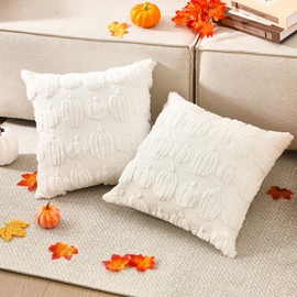 HunnmingRe 2 Pcs Fall Pumpkin Throw Pillow Covers 18x18 Inch Autumn Quilted Pillowcase Plush Faux Fur Cushion Cover for Fall Chair Sofa Bedroom Living Room Home Decor (White)