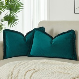 JUSPURBET Pack of 2 Peacock Blue Decorative Fringe Velvet Lumbar Throw Pillow Covers 12x20 for Home Decor Living Room Bedroom Car Boho Soft Cushion Cover with Hidden Zipper Machine Washable