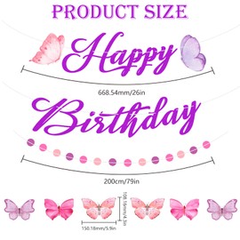 Purple Butterfly Theme Birthday Decorations Set, Happy Birthday Hanging Banner Butterfly Birthday Decors with Circles, Butterfly Birthday Decorations Birthday Banner for Women Home Party Supplies