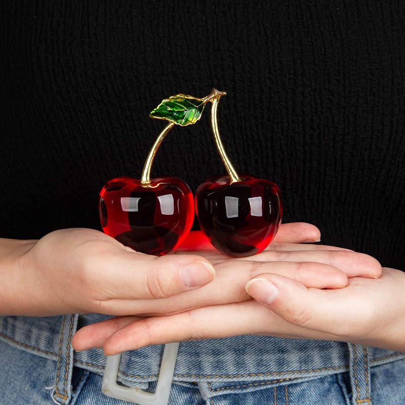 LONGWIN Crystal Cherry Figurine Glass Fruit Status Paperweight Home Decor