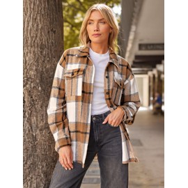 AUTOMET AUTOMET Womens Fall Outfits Fashion Clothes Shackets Flannel Plaid Button Down Long Sleeve Shirts Jackets Apricot S