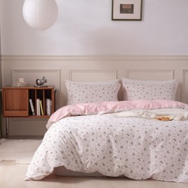 DREAMINGO Floral Duvet Cover Set - 100% Cotton, Twin Size, Botanical Flowers Cute Bedding Set for Girls, Reversible Cottagecore Style Pink Comforter Cover with Zipper Closure, Soft, Breathable