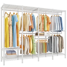 Raybee 76.9" H Clothes Rack Heavy Duty Loads 1100 LBS Metal Clothing Racks for Hanging Clothes Adjustable Garment Rack White,75.8" W*17.7" D*76.9" H