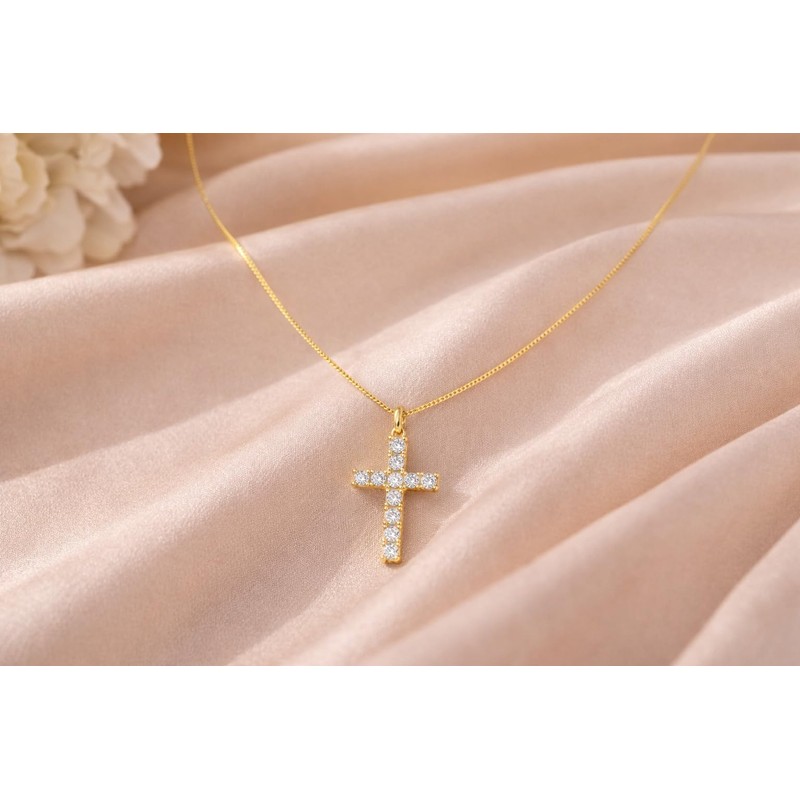 14K Gold Cross Necklace for Women Small Diamond Pendant Charm