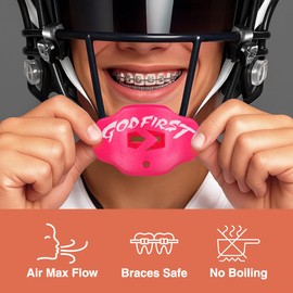 SLEEFS God First Pink Football Mouth Guard – No-Boil Mouthpiece with Strap – Maximum Air Flow & Lip/Teeth Protection for Youth & Adults