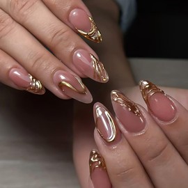 RUOKEXIN Almond Press on Nails Medium Length Fake Nails Gold Glitter False Nails with 3D Designs Sparkly Artificial Nails Acrylic Glue on Nail Press ons Cute Stick on Nails for Women 24Pcs