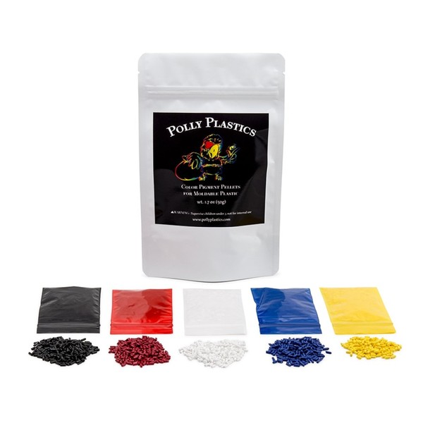 Polly Plastics Color Pellets for Moldable Plastic. Blue, Red, Yellow, Black, White. Color Chart Included.