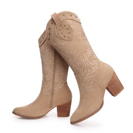 SHIBEVER Cowboy Cowgirl Boots for Women: Cowboy Boots for Woman Apricot Wide Calf Western Boots Size 8