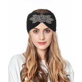 Fashband Winter Knitted Headbands Twist Rhinestones Headband Elastic Ear Warmers Thick Headwear for Women and Girls (Black)