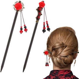 Dremisi 2 Pieces Hair Stick, Retro Wooden Hair Stick, Vintage Flower Hairpin, Handmade Hair Stick for Women Long Hair, Chinese Hair Chopstick, Japanese Hair Accessories