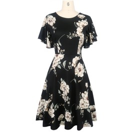oxiuly Women's Flounce Sleeves Floral Summer Casual Dress Party Cocktail Dresses with Pockets OX376 (Flare BK khakif, S)